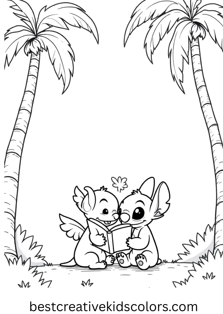 Free stitch and angel coloring pages shows them making friendship bracelets together.