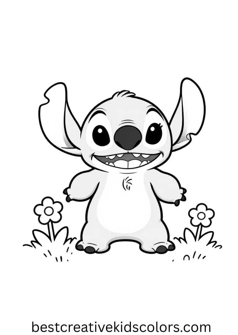 Stitch angel målarbilder free download captures Stitch flying with Angel in a meadow.