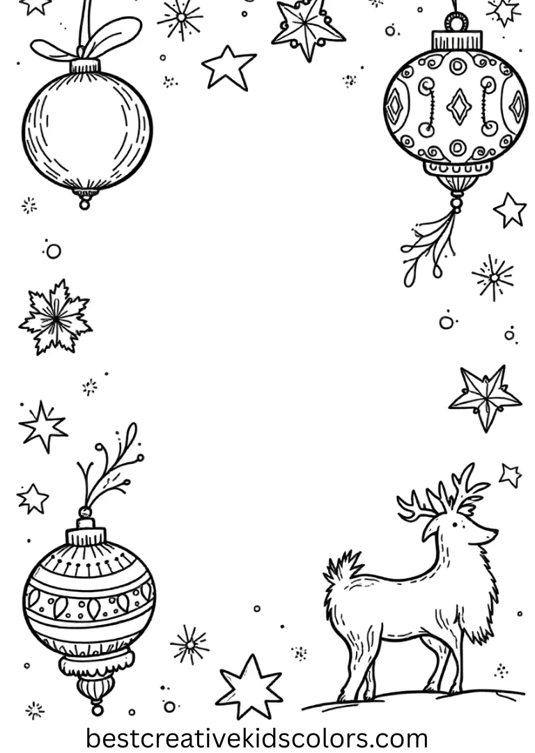 Stitch christmas coloring pages for adults depicts Stitch arranging intricate ornaments.