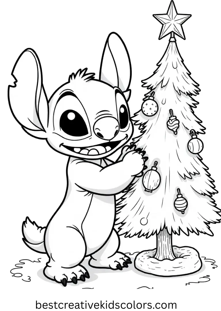 Stitch christmas coloring pages show Stitch hanging colorful ornaments on a festive tree.