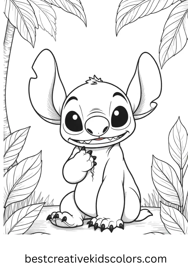 Stitch coloring page free printable animals shows Stitch playing with tropical birds.