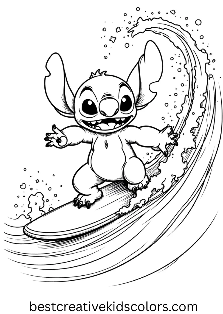 Stitch coloring page free printable disney features Stitch surfing sparkling ocean waves.