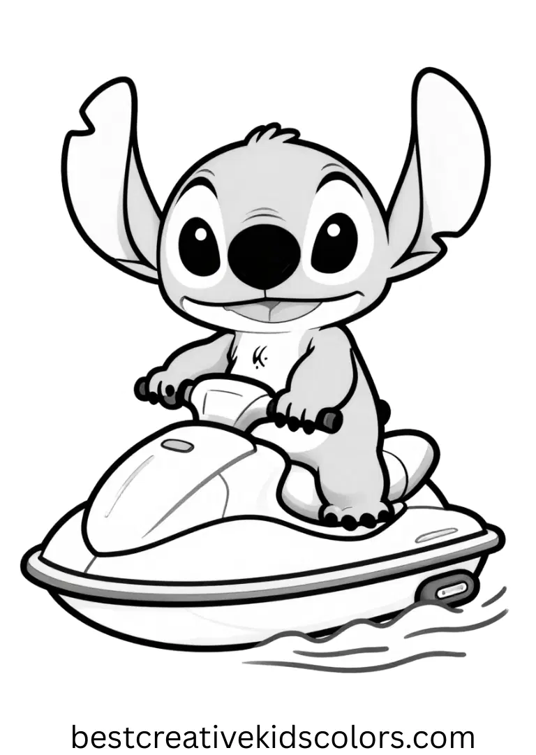 Stitch coloring page free printable pdf shows Stitch riding a tiny jet ski across waves.