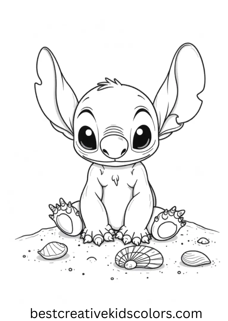 Easy stitch coloring page free printable shows Stitch collecting pinecones in the forest.