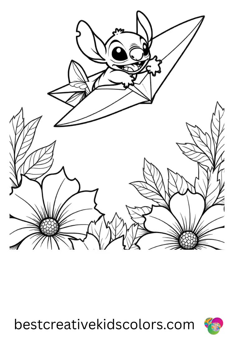 Stitch coloring pages features Stitch flying a paper glider above tropical flowers.