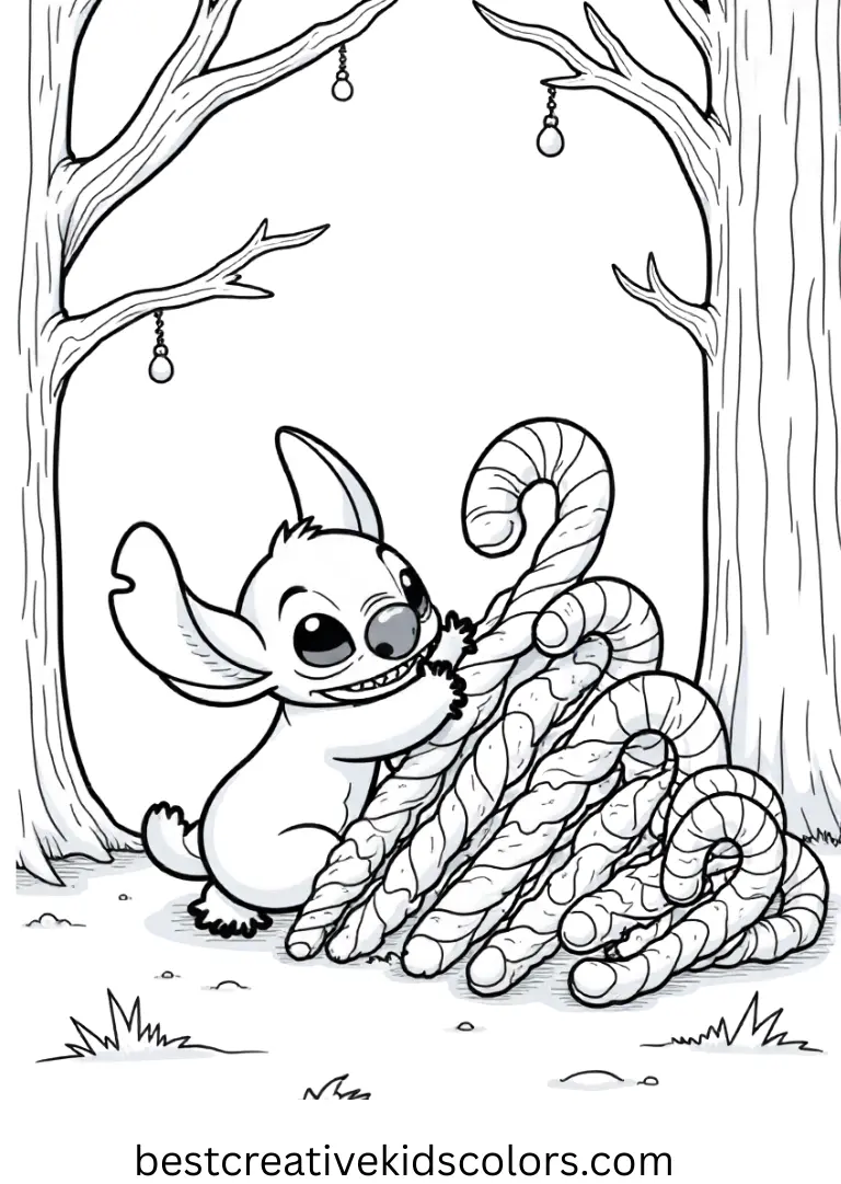 Stitch coloring pages PDF free download depicts Stitch arranging candy canes in a forest.