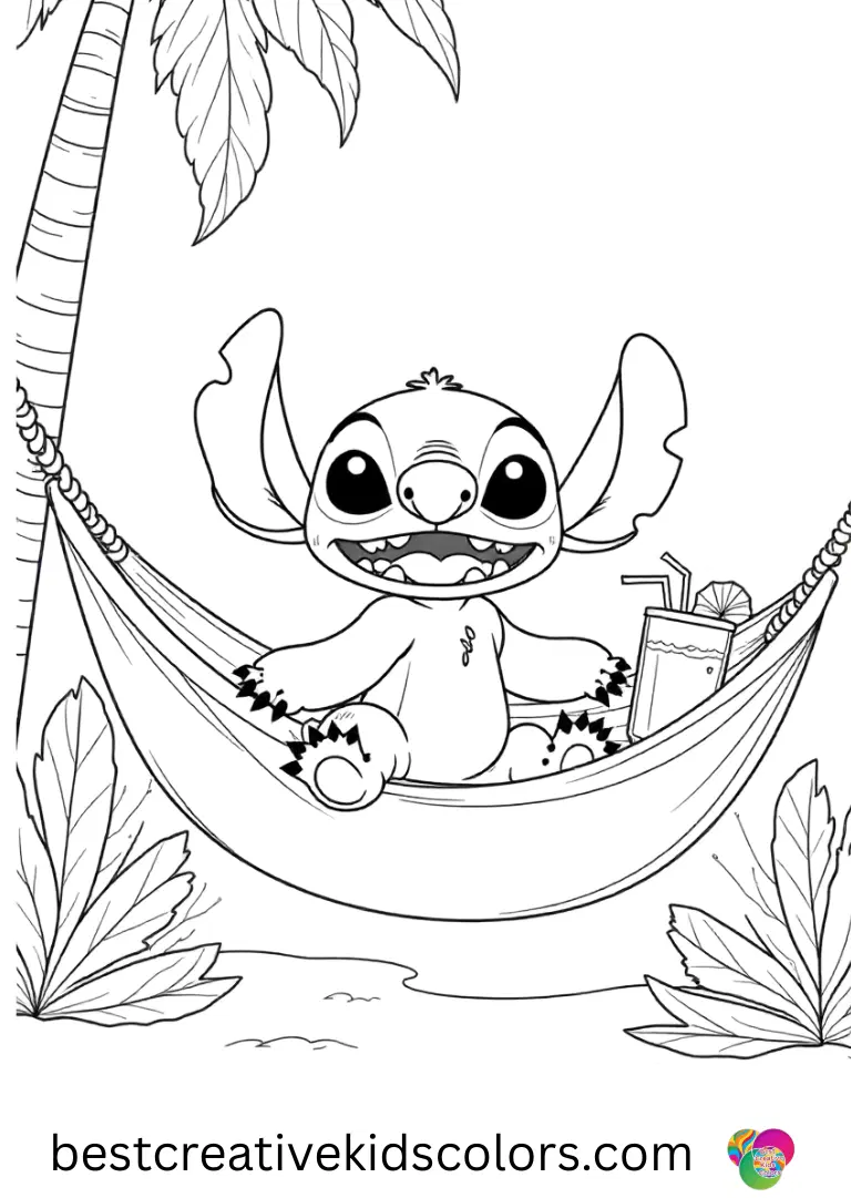 Stitch coloring pages free for adults shows Stitch relaxing in a hammock with tropical drinks.