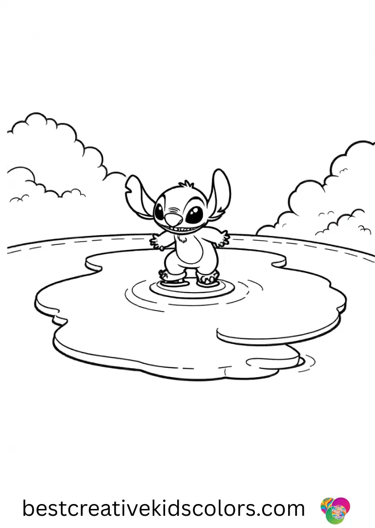Stitch coloring pages free pdf shows Stitch ice skating with Angel on a frozen pond.