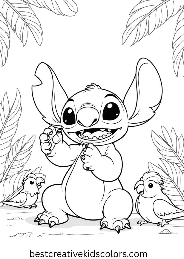 Stitch coloring pages free printable animals features Stitch playing with tropical birds.