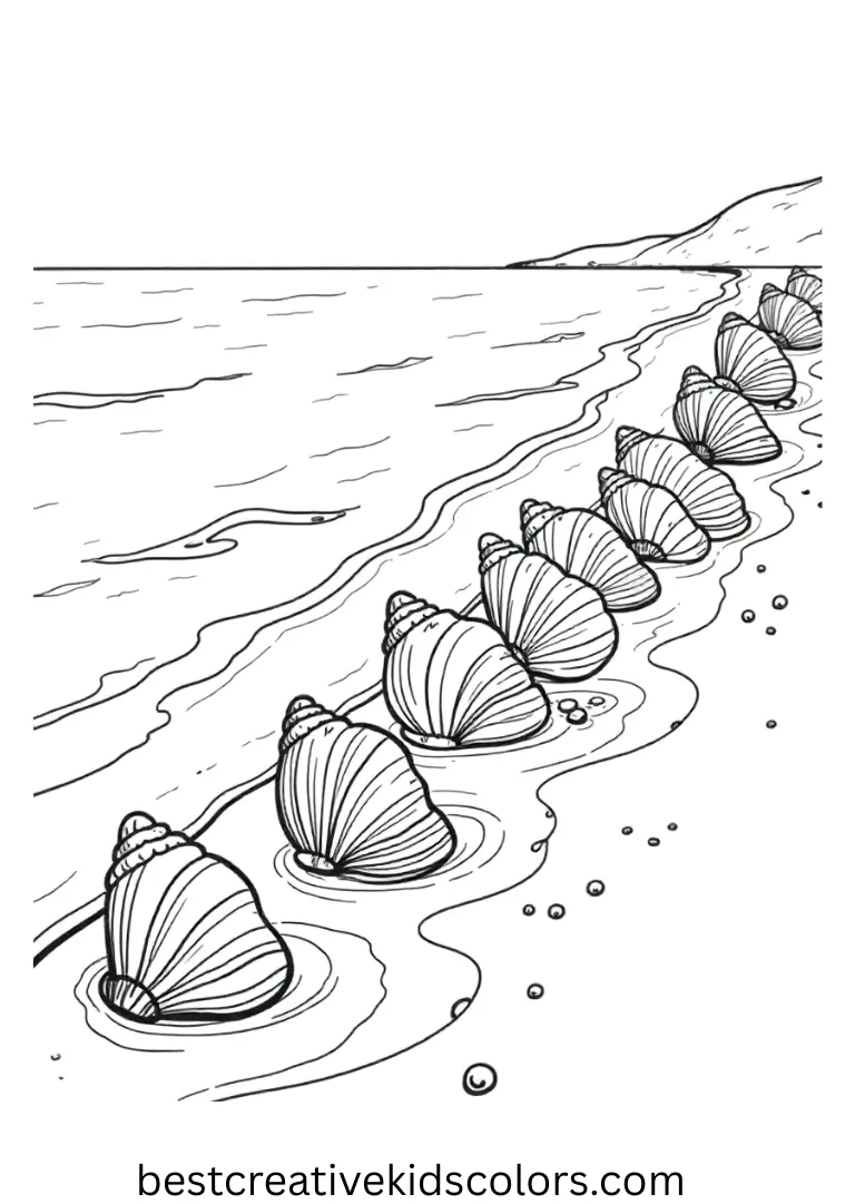 Stitch coloring pages free printable for adults shows Stitch arranging shells along the shore.