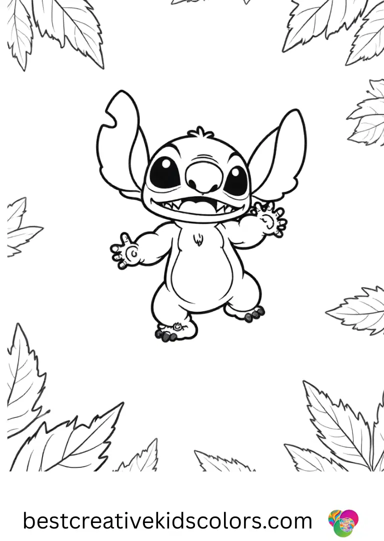 Stitch coloring pages free printable shows Stitch jumping in golden autumn leaves.