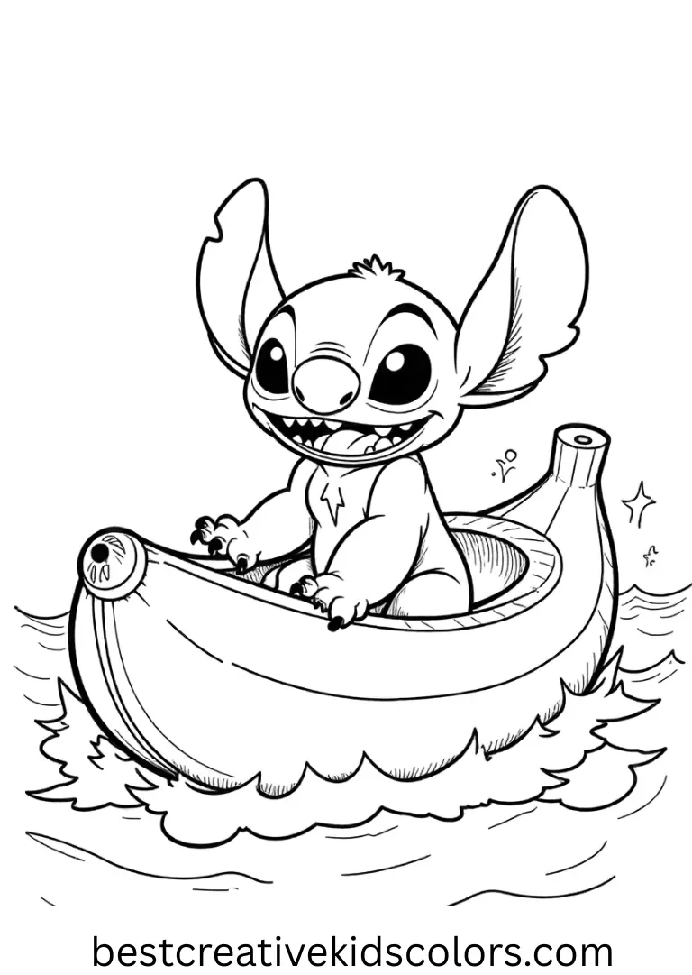 Stitch colouring book features Stitch riding a banana boat through sparkling waves.