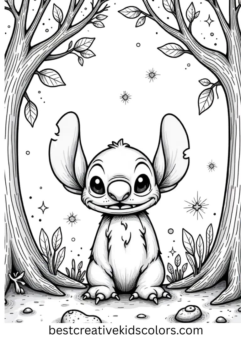 Stitch in a Magical Forest Coloring Page