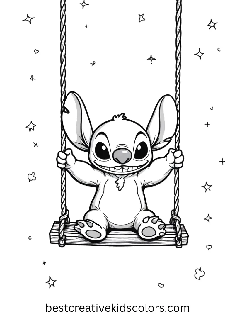 Stitch swings gently on a tree branch under a glowing moonlit sky.