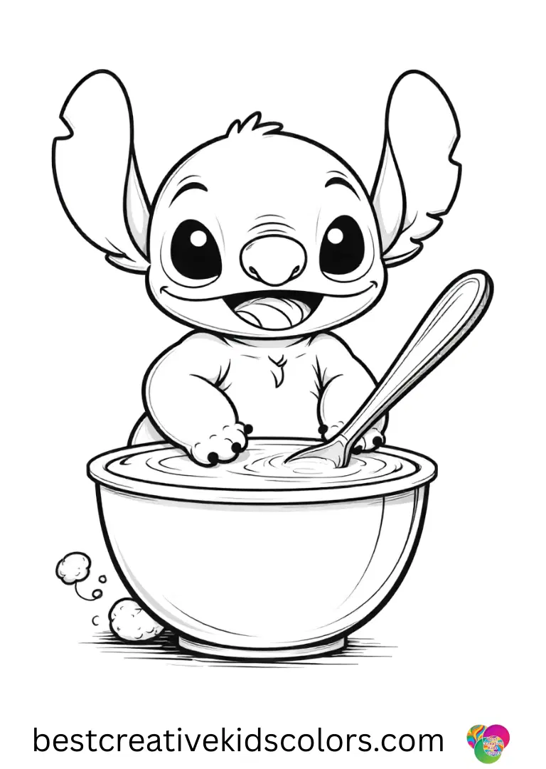 Stitch printable coloring pages free download shows Stitch baking cupcakes for friends.