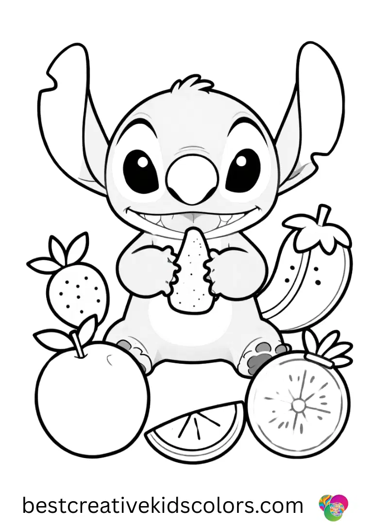 Stitch printable coloring pages free for kids shows Stitch picking tropical fruits.