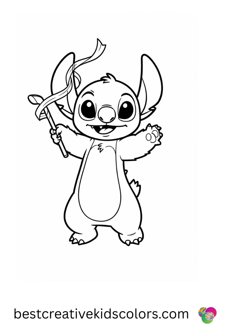 Stitch valentines day coloring pages features Stitch twirling a bright ribbon wand in circles.
