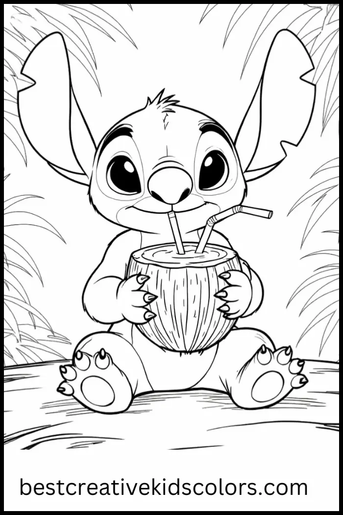 Stitch with Coconut Drink Coloring Page