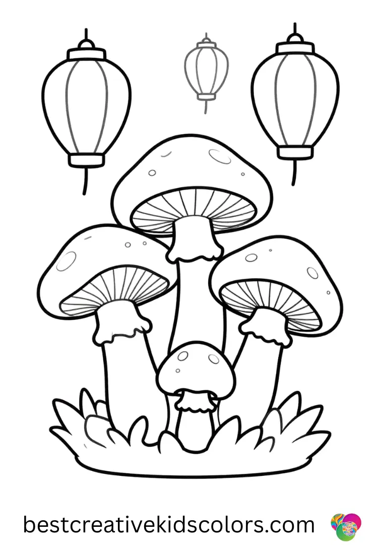 A cluster of mushrooms glows under floating lanterns in stoner trippy mushroom coloring pages for adults.