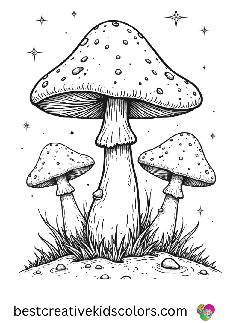Mushrooms drift through sparkling mist in stoner trippy mushroom coloring pages free at sunset.