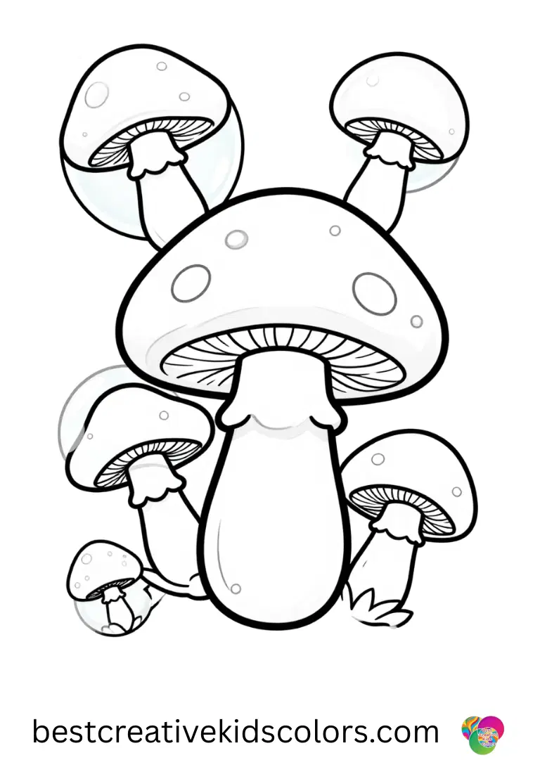 Stoner trippy mushroom coloring pages pdf show mushrooms floating inside glowing crystal bubbles.