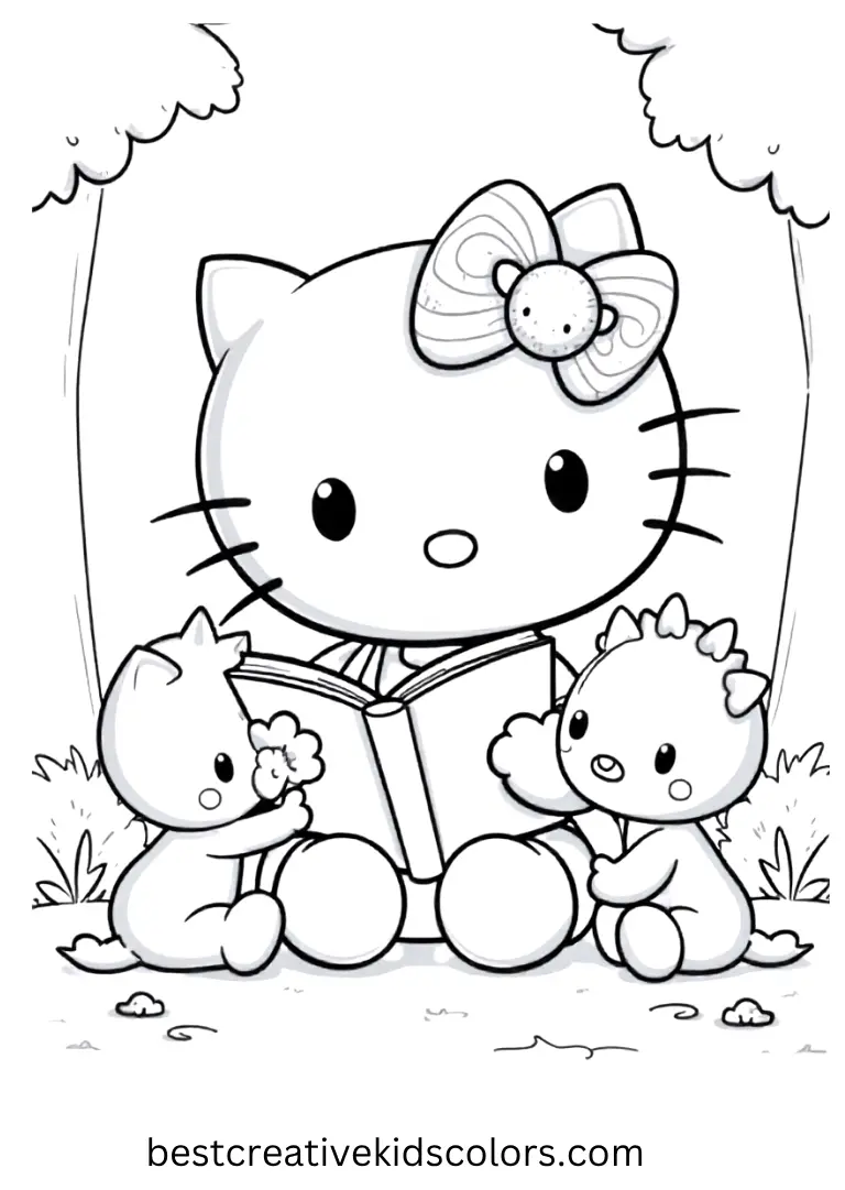 Storytime Fun Hello Kitty Coloring Page Hello Kitty reads a story while friends sit nearby, a calm and easy-to-color scene.