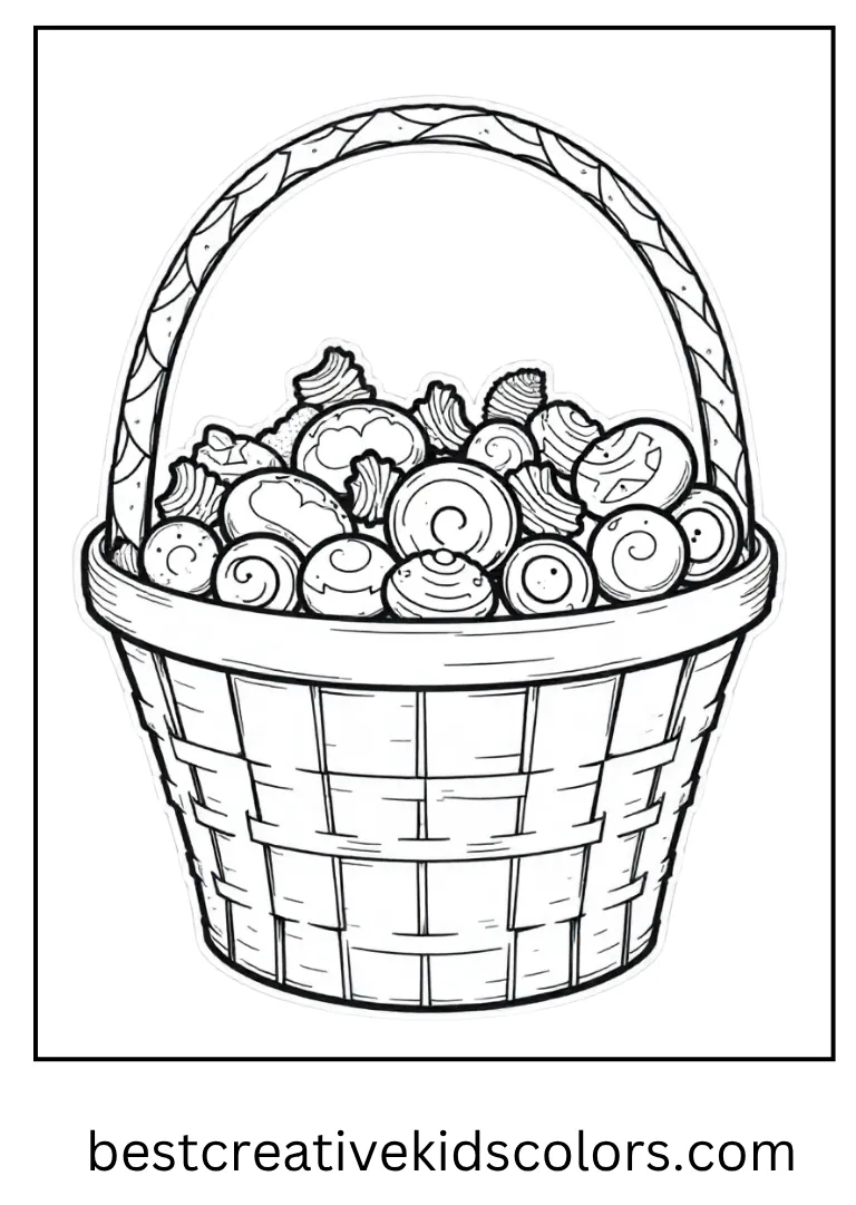Stranger Things Candy Basket Coloring Page A basket filled with sweets and monster stickers.