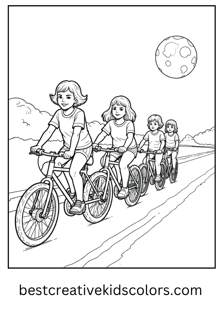 Stranger Things Group Bike Ride Coloring Page The kids ride their bikes under the full moon.
