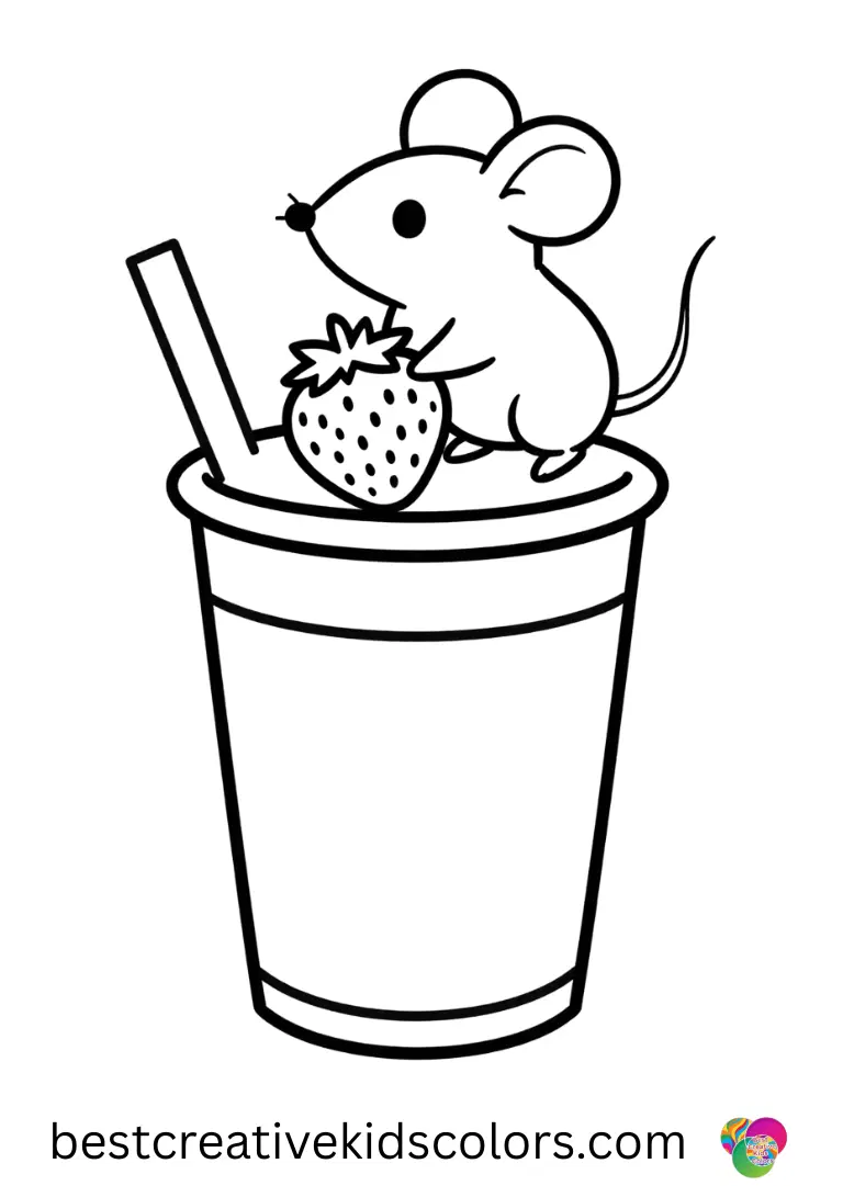 A tiny mouse balances strawberries on a giant boba cup in these Strawberry boba coloring pages.