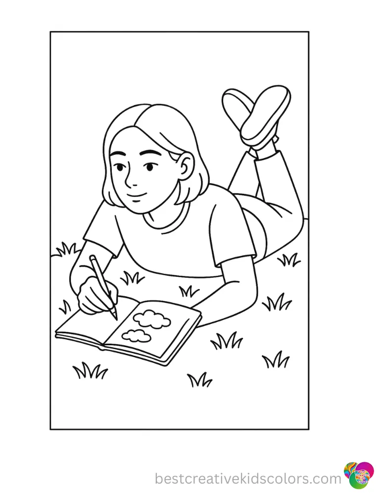 A teen sketching clouds in a notebook while lying on soft grass appears in Summer Coloring pages for teens.