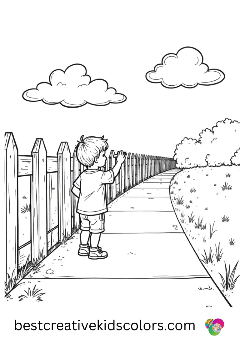 Summer Coloring pages printable PDF shows a child mapping clouds with chalk on a long sidewalk beside a quiet fence.
