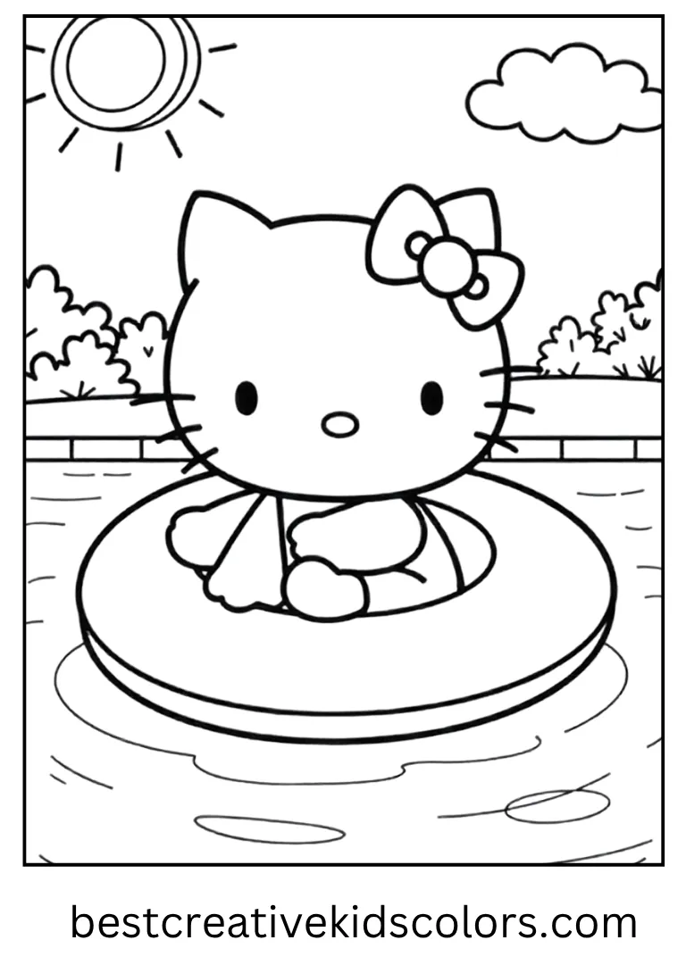 Kitty relaxes on a float shaped like a ring in a calm pool under the sunshine.