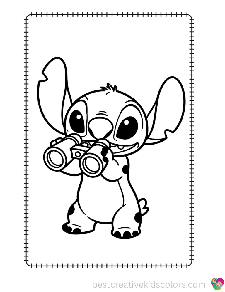 Stitch carefully holds a pair of binoculars in stitch summer coloring pages now.