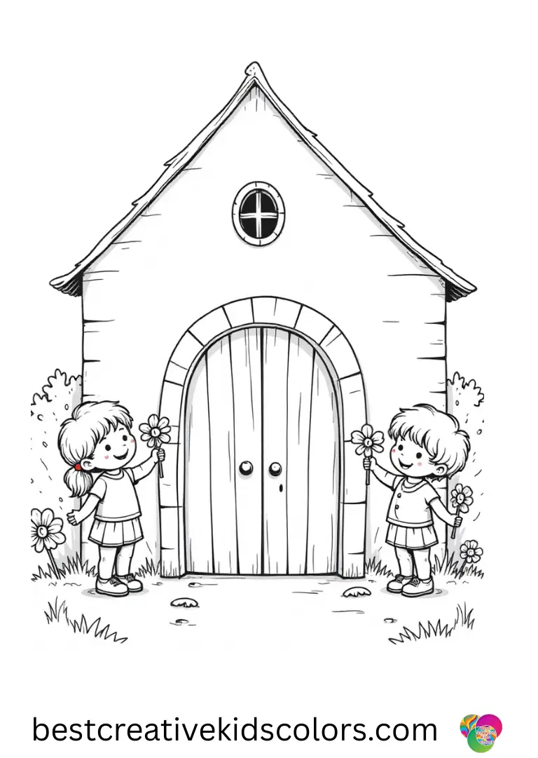 Children arranging paper flowers beside a small chapel doorway appear in Summer Sunday School lessons.