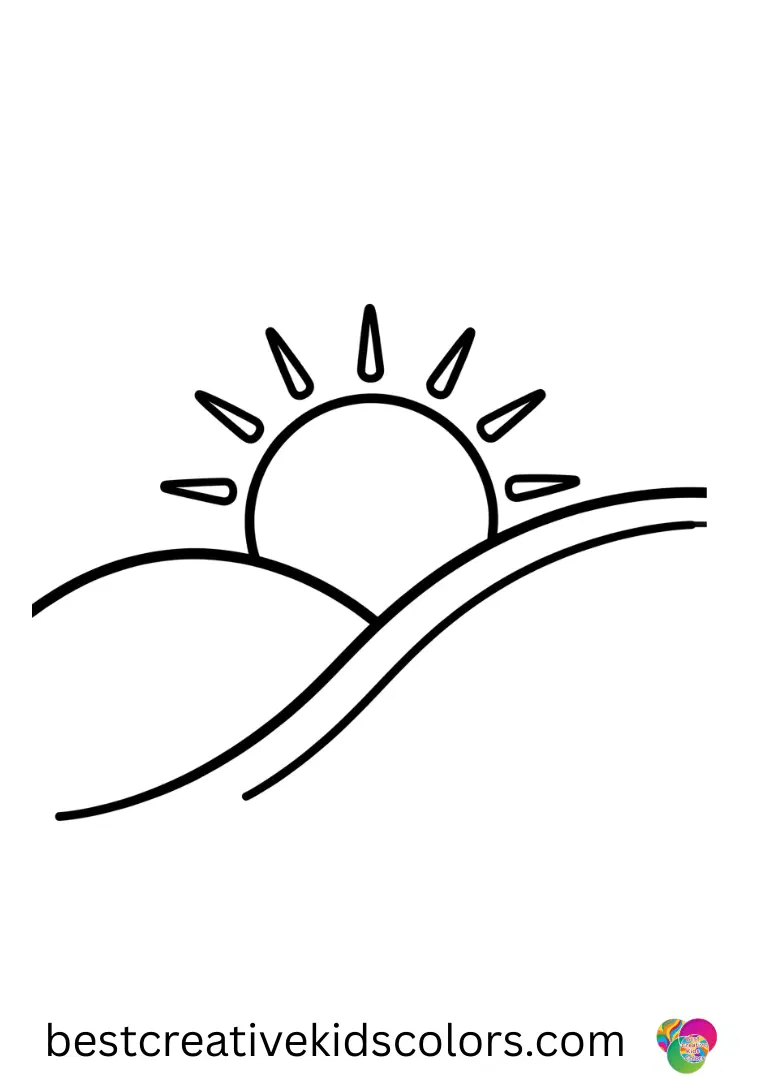 Summer coloring pages Easy shows a smiling sun rising behind a row of rolling hills.