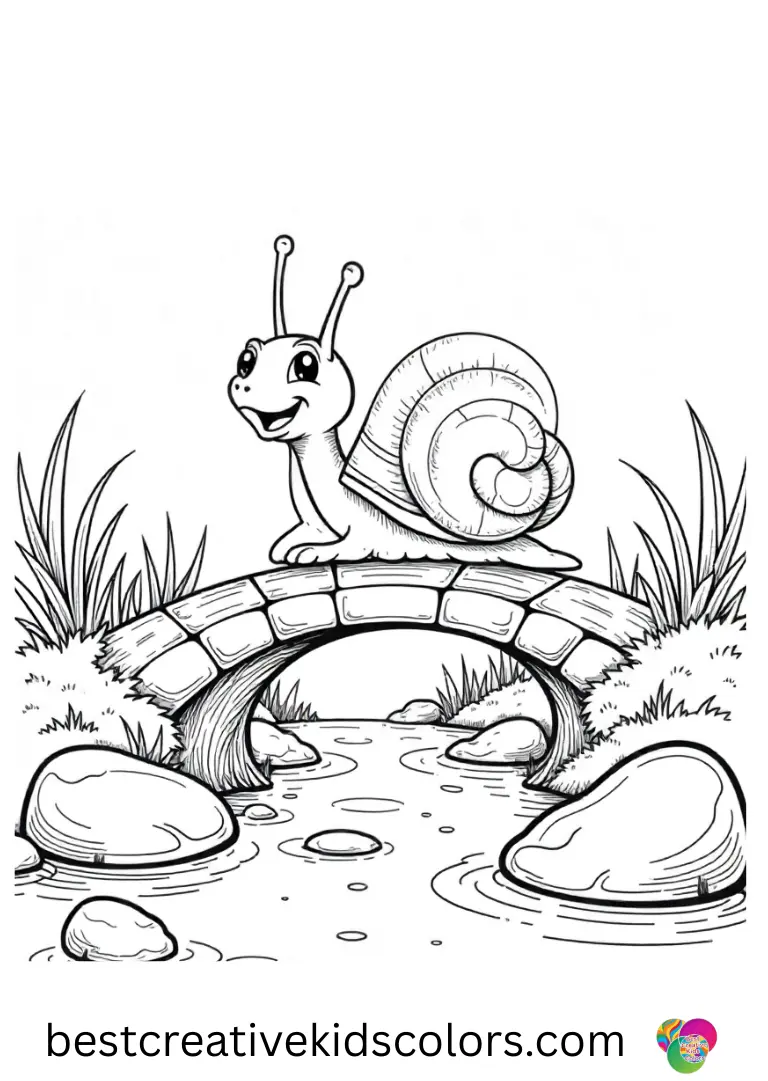 Summer coloring pages Easy displays a snail crossing a pebble bridge that leads over a tiny garden stream.