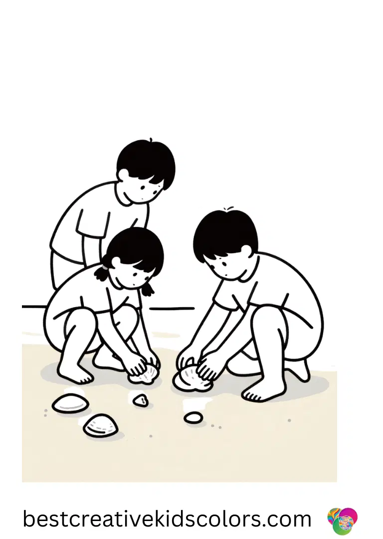 Children discovering shiny seashells on a sandy shore appear in Summer coloring pages for kids.