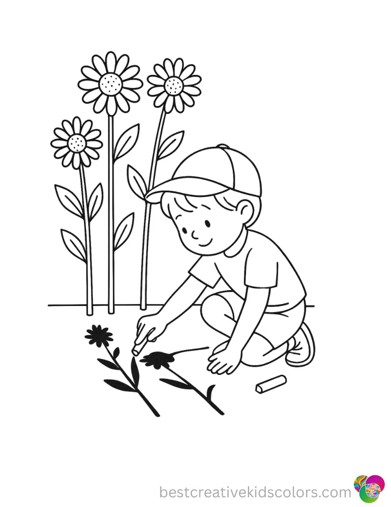 A child tracing shadows of tall flowers with chalk appears in Summer coloring pages pdf.