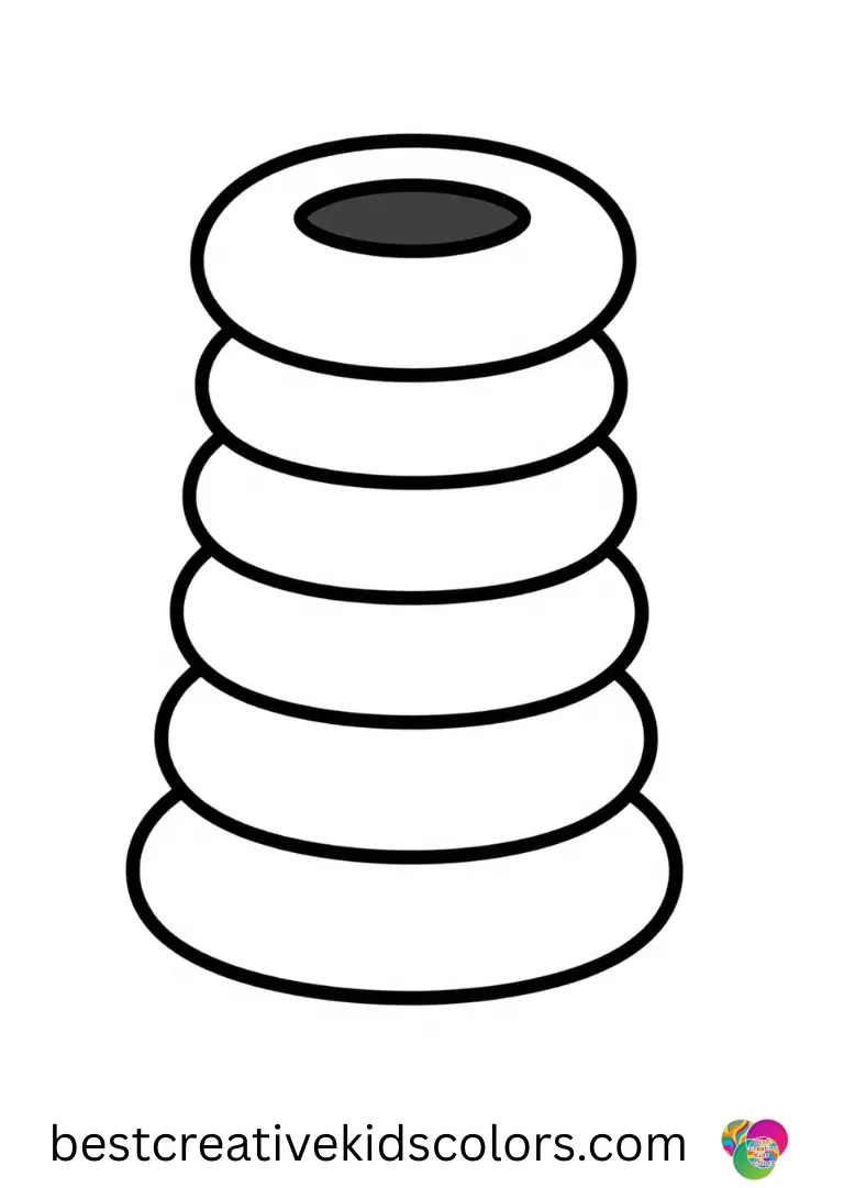Summer coloring pages preschool shows a toddler stacking foam rings into a tall wobbly tower.