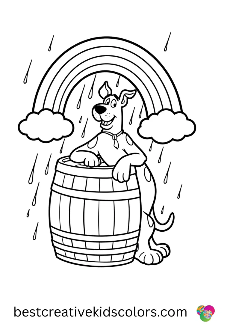 Summer coloring pages printable PDF features a child spotting a rainbow in the distance after rain.