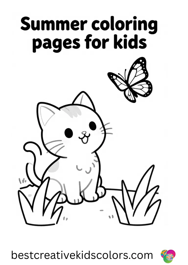 Summer colouring pages for kids shows a kitten peering through tall grass toward a resting butterfly.