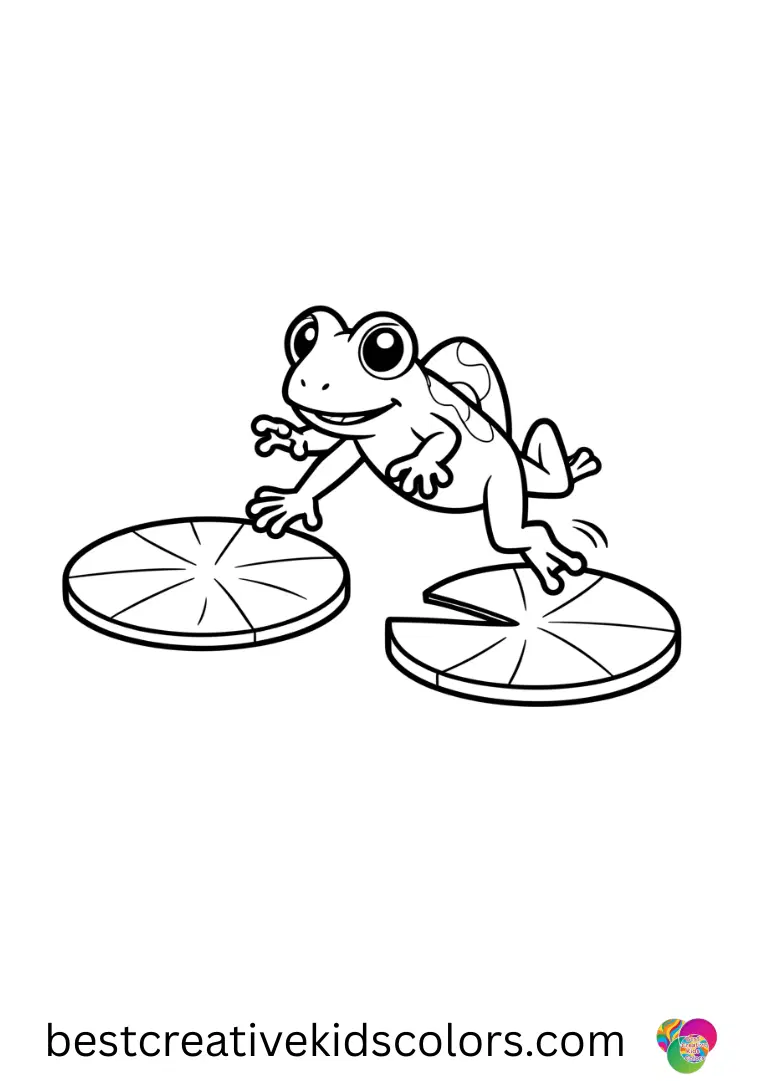 A tiny frog leaping from one lily pad to another appears in Summer fun color pages easy.