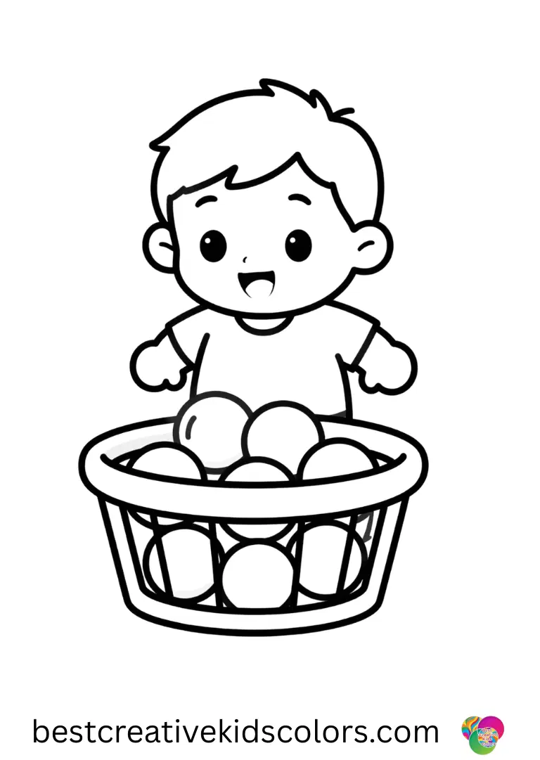 A toddler bouncing soft balls into a low basket appears in Summer fun color pages for toddlers.