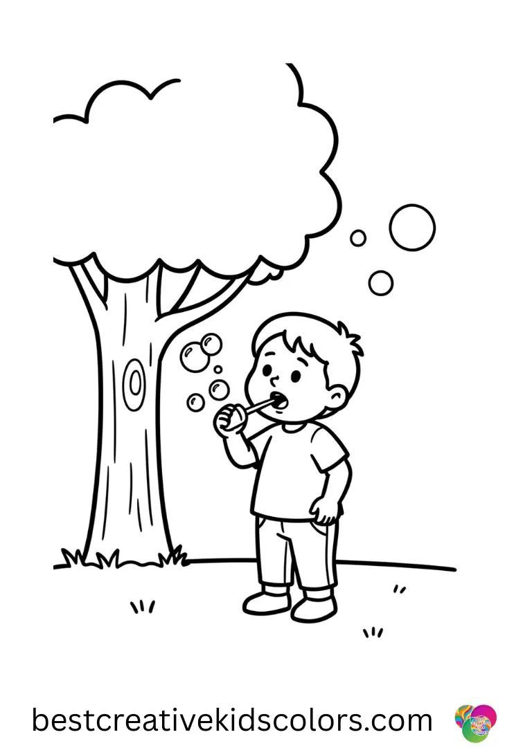 Summer fun color pages free shows a child blowing soap bubbles under a sunny tree.