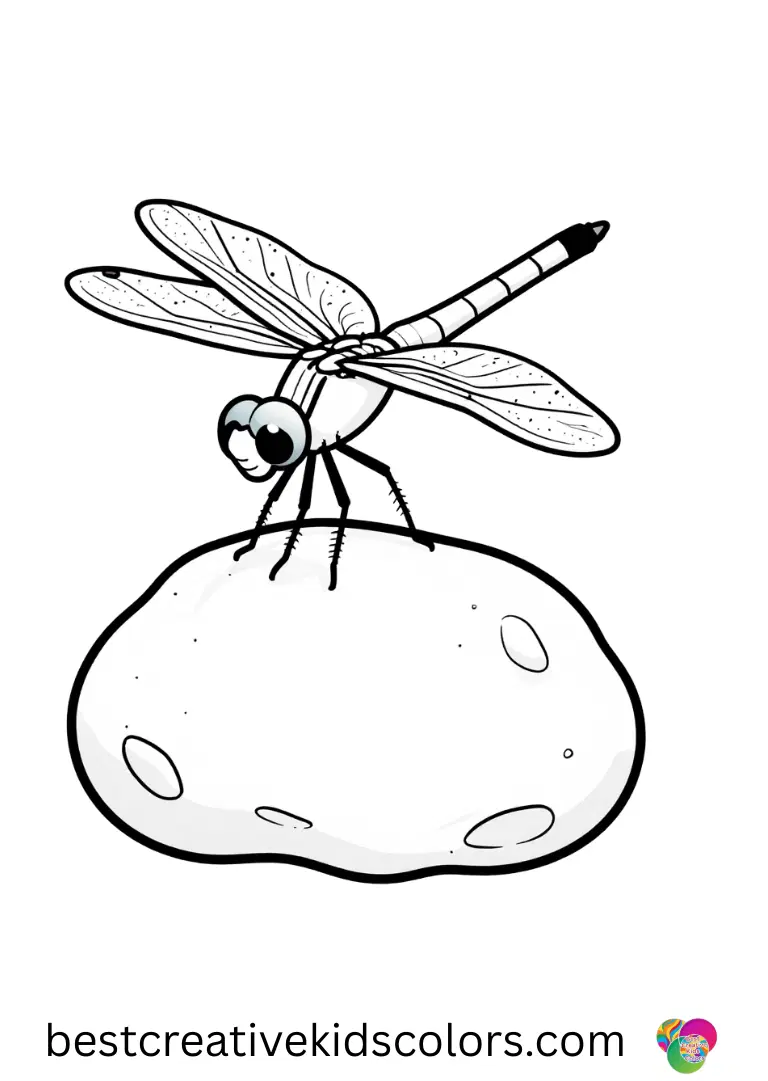 A bright dragonfly landing on a smooth rock appears in Summer fun color pages pdf.