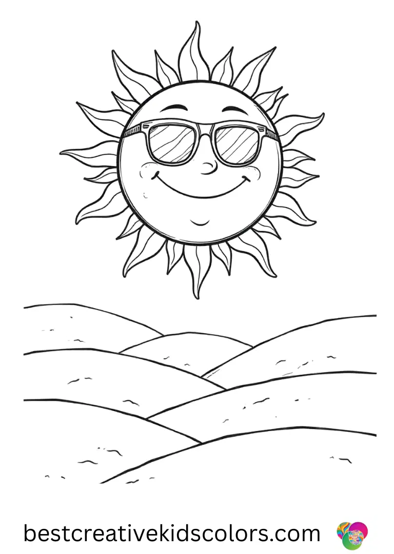 A smiling sun wearing sunglasses and floating above rolling hills appears in Summer fun coloring page easy