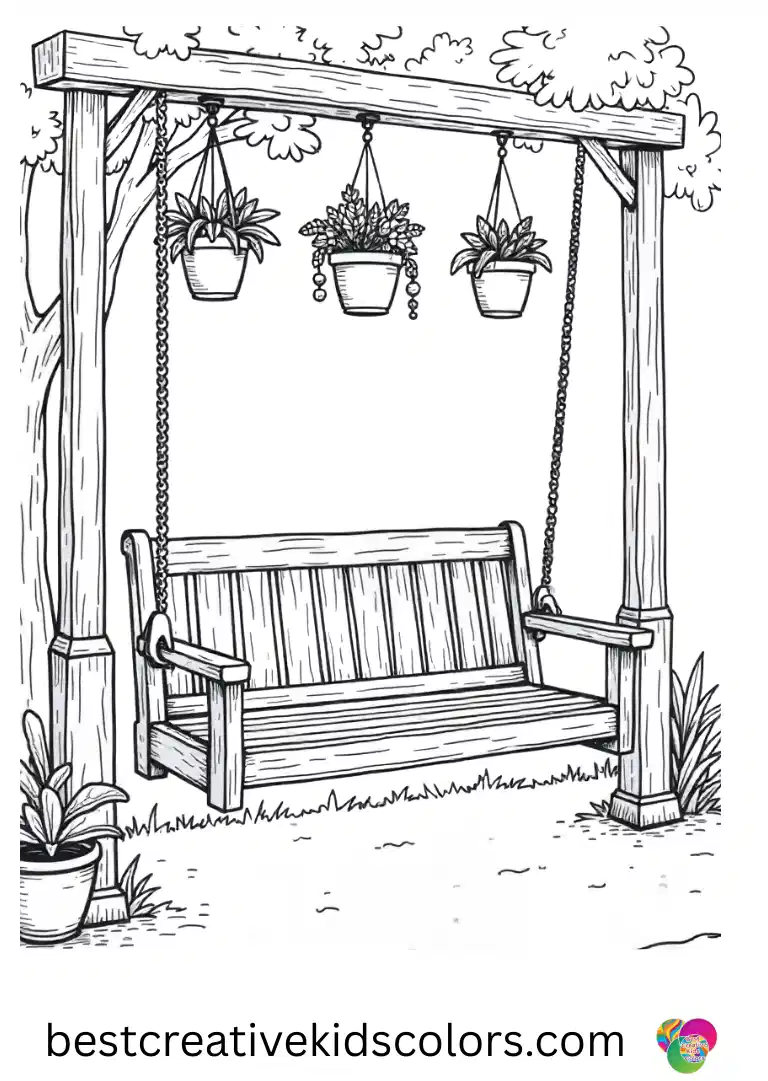 A slow porch swing creaking beside hanging plants appears in Summer fun coloring page for adults.