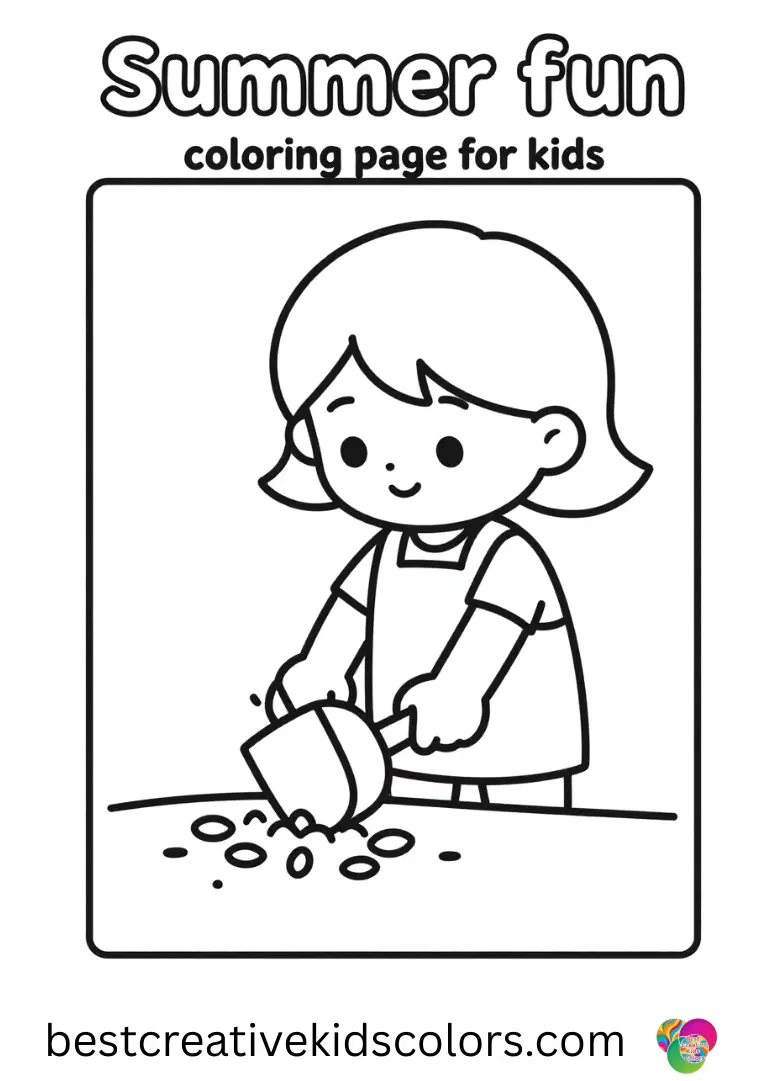 Summer fun coloring page for kids displays a girl pressing seeds into soil using a tiny wooden scoop.