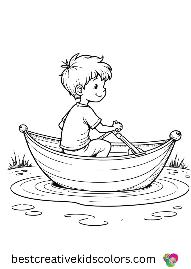 Summer fun coloring page pdf shows a boy guiding a leaf boat through a shallow rain puddle.