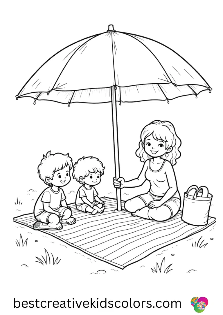 Summer holiday colouring features a family unfolding a striped blanket near a shaded beach umbrella.